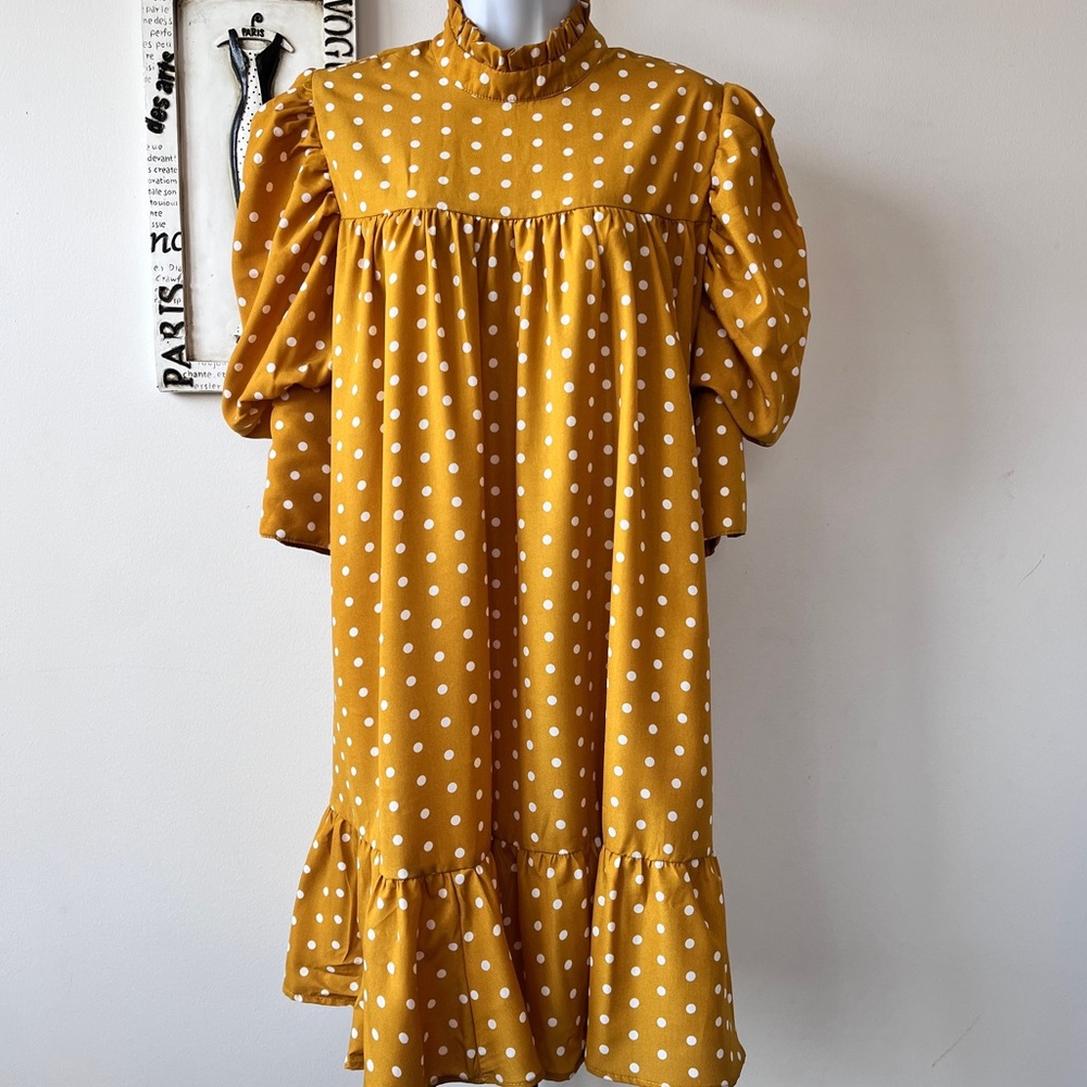 NWT Boohoo Mustard Gold Polka Dot Puff Sleeve Dress Size 12